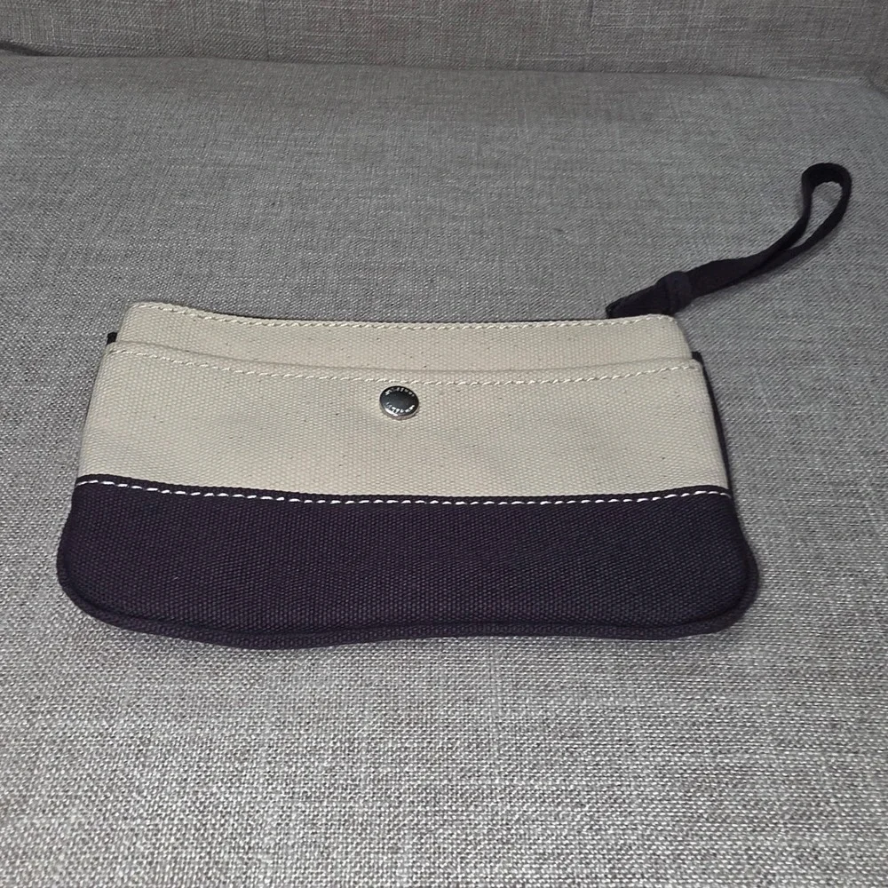 Lands End Canvas Wristlet Pouch Navy Blue Cream Zippered Clutch Bag RN 62830